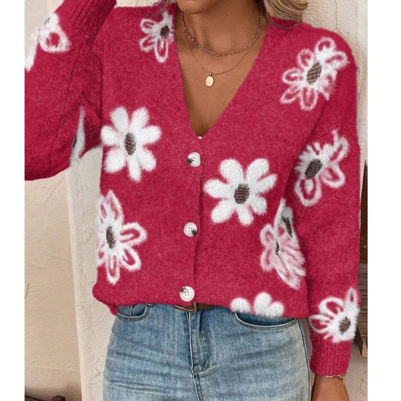 Rouge! Sweaters - Red Cardigan Knit Flower Textured Button Front  Stretchy, Soft